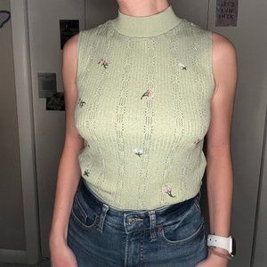 Green Mock Neck Sweater Tank Top, Floral Green